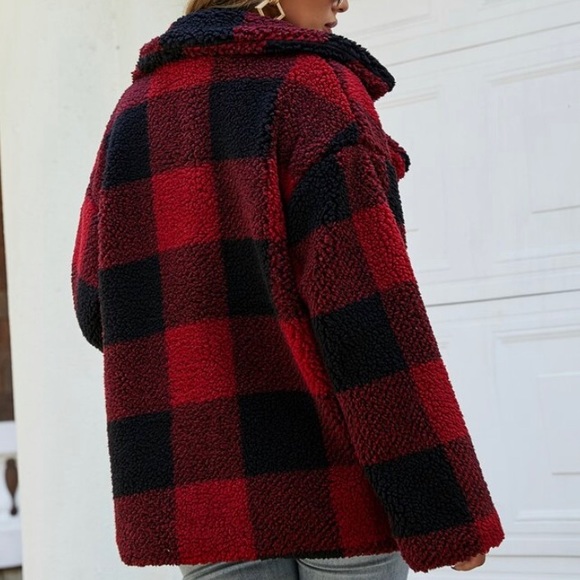 FLASH SALE!  Plaid Sherpa Flannel Women's Red Black Pea Coat Jacket - Picture 3 of 9